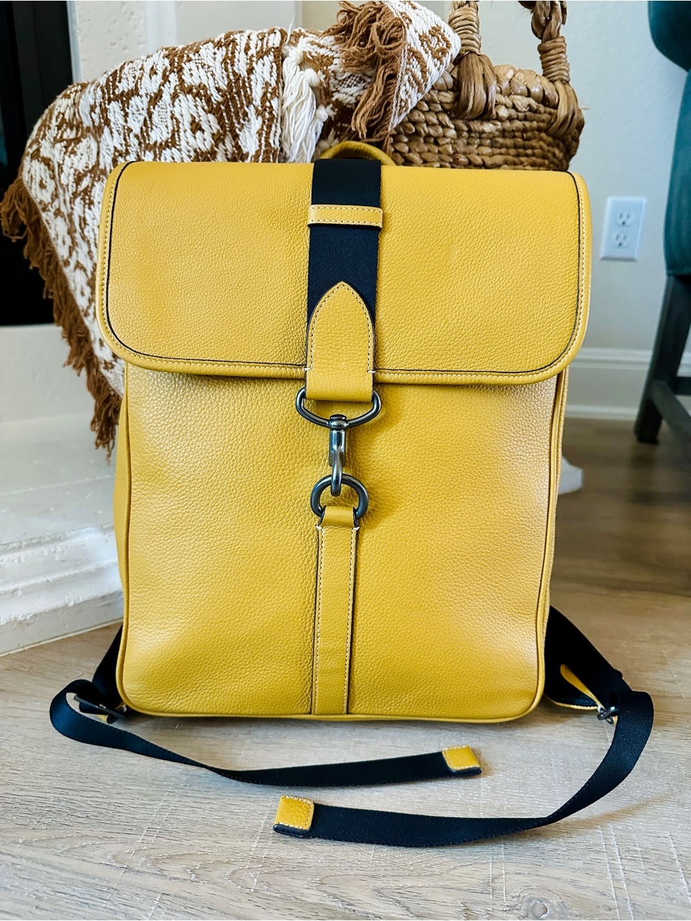 Coach Blaine Flax/Yellow Pebbled Leather Backpack with Black Strap + Gunmetal
